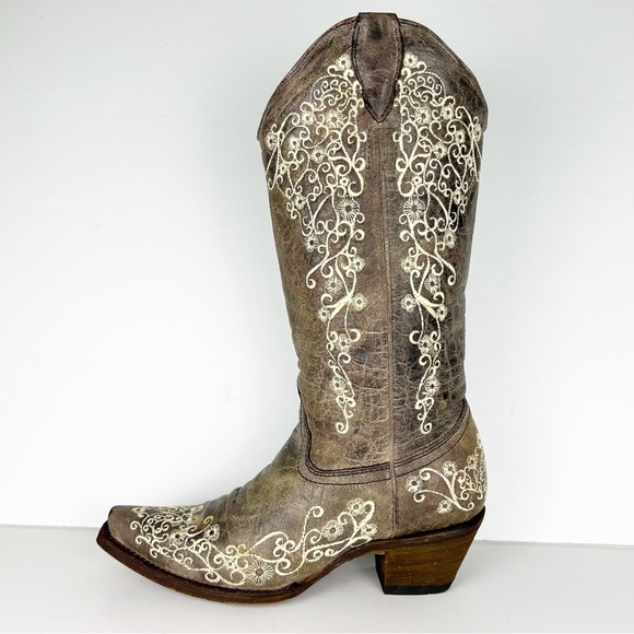 Corral Bone Color Floral Embroidered Feminine Western Cowboy Boot A1094 - Picture 6 of 14